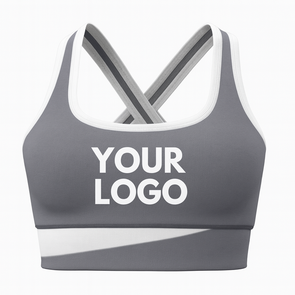 Gray women’s cross-back sports bra with white trim – custom logo printing for teams