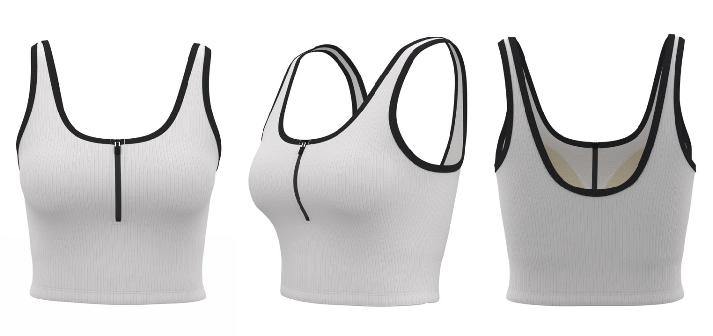 White ribbed athletic tank top with black trim, shown from front, side, and back views