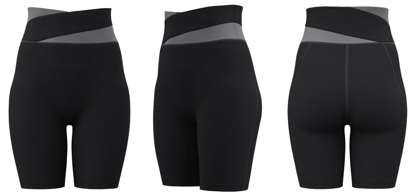 Black women’s sports shorts with crossover waistband, customizable with printed logo for fitness and teamwear
