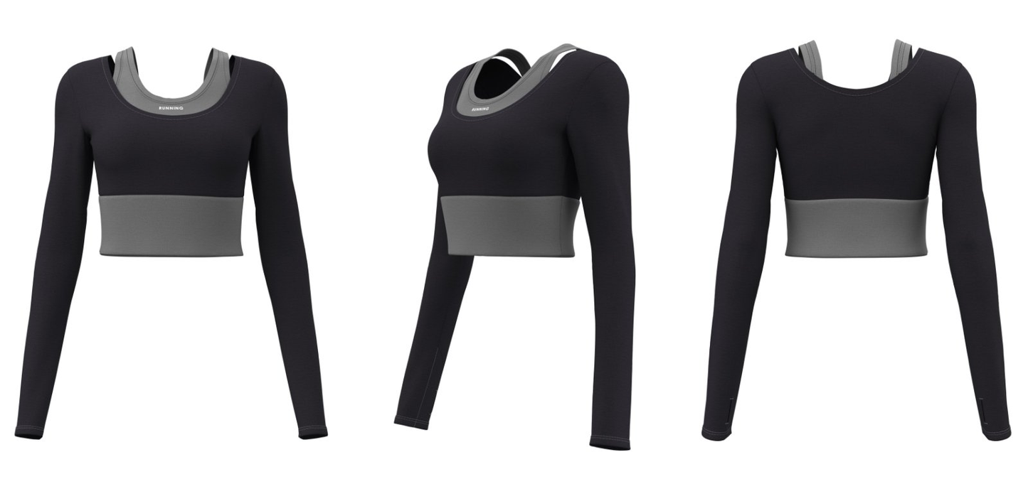 High-quality yoga and sports crop top with long sleeves, custom logo printing available for gyms and clubs.