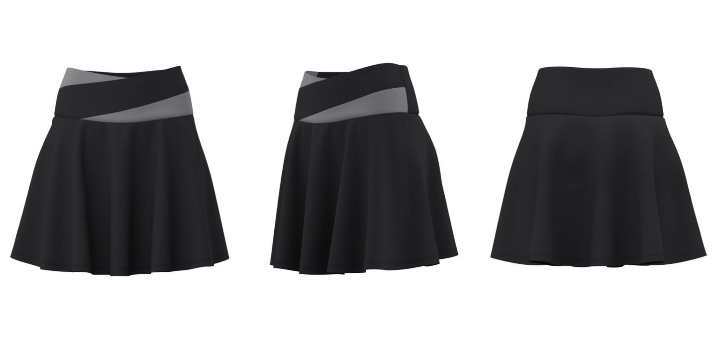 Black sports skort (front, side, back views)