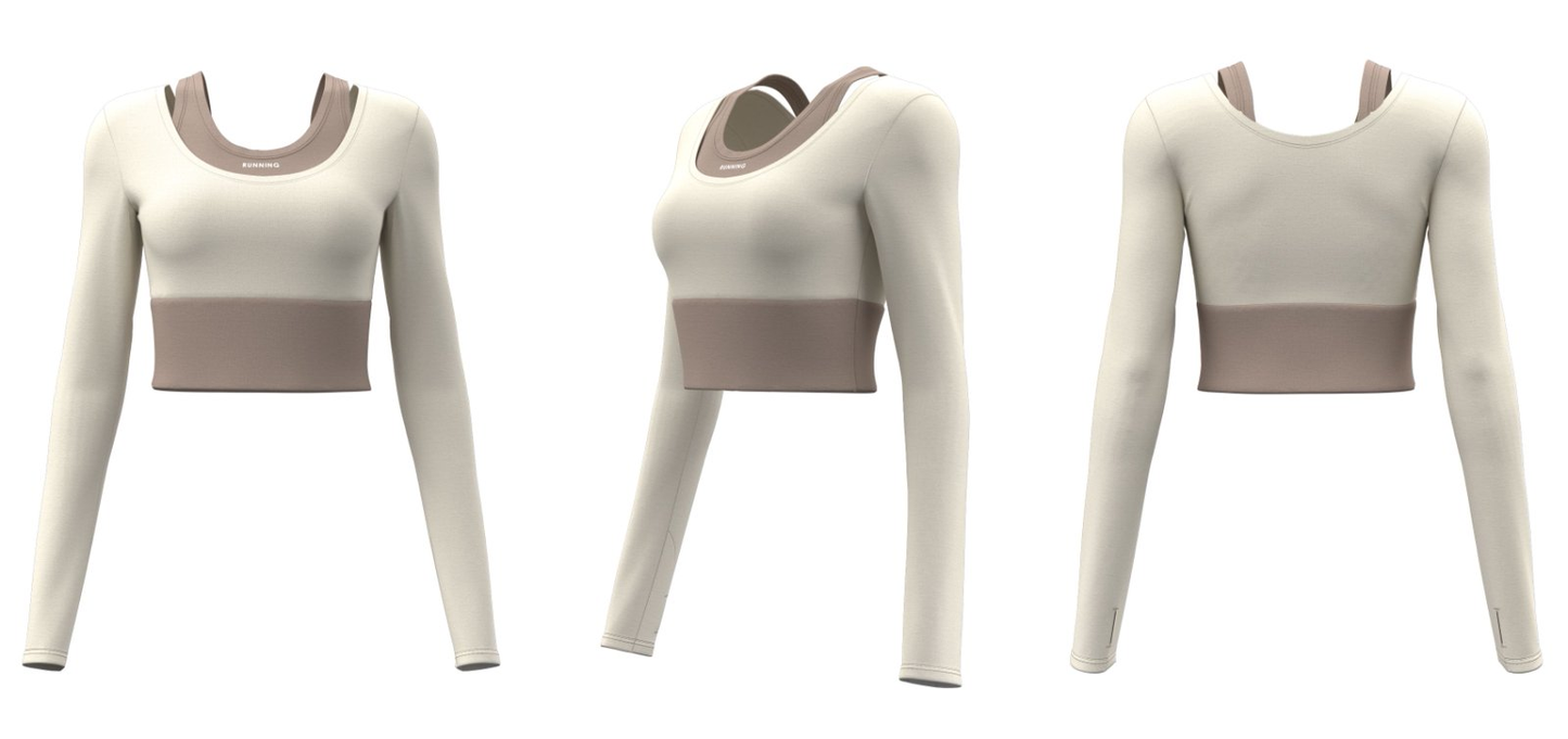 High-quality yoga and sports crop top with long sleeves, custom logo printing available for gyms and clubs.