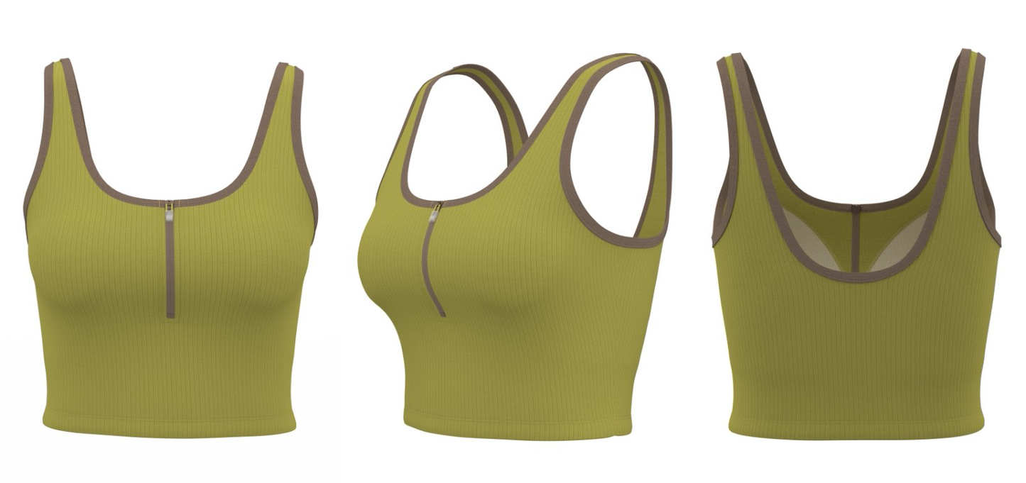 Mustard yellow ribbed athletic tank top with brown trim and zipper front, shown from various views