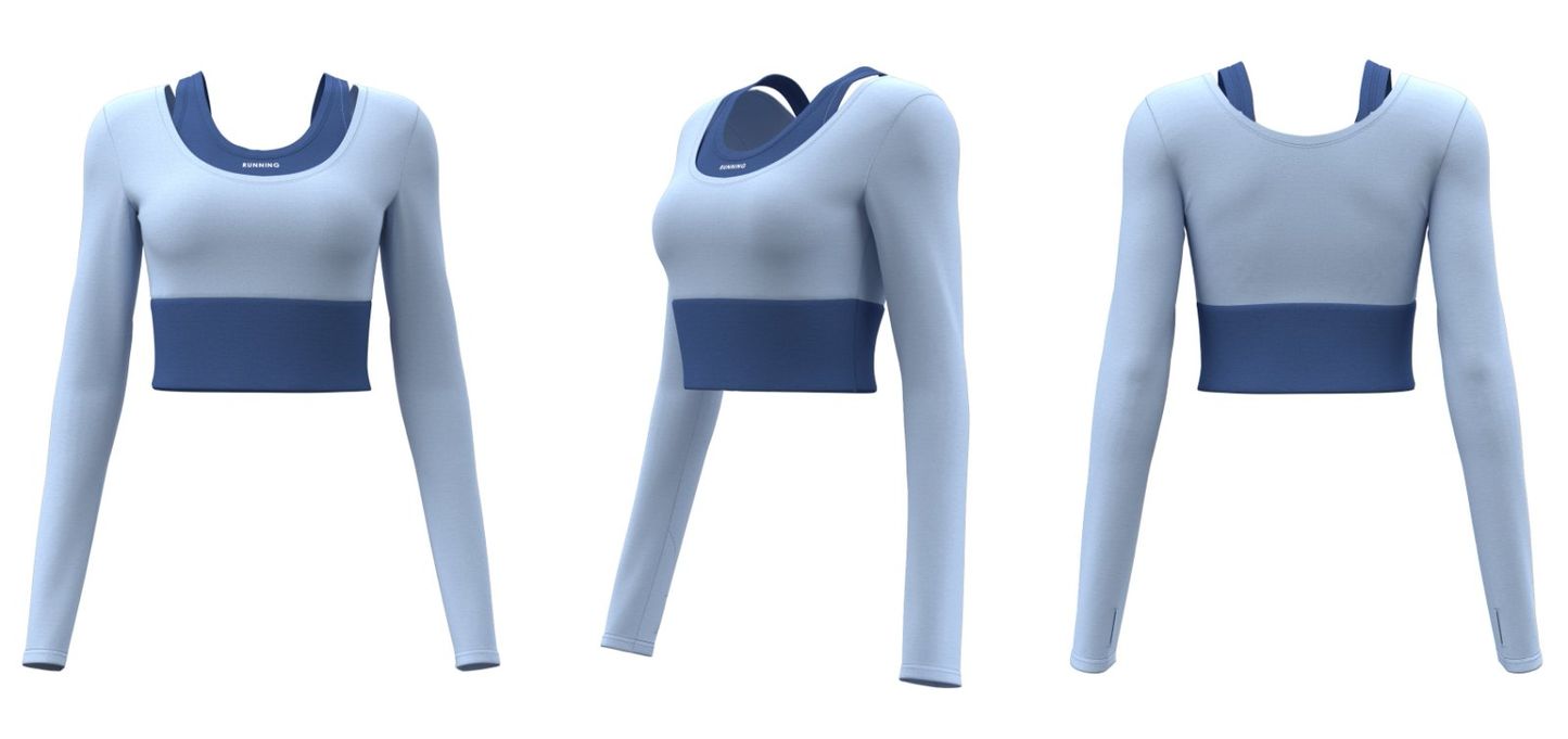 Blue women’s fitness crop top with long sleeves, customizable with logo printing methods for promotional apparel