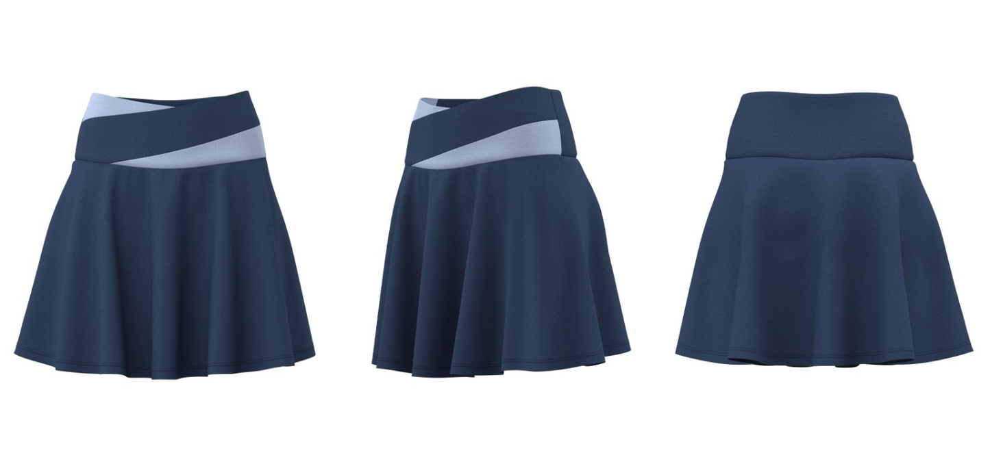 Navy Blue sports skort (front, side, back views)
