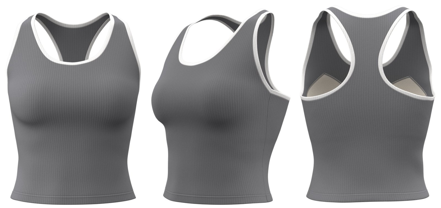 Gray ribbed sports tank top with white trim – side and back view