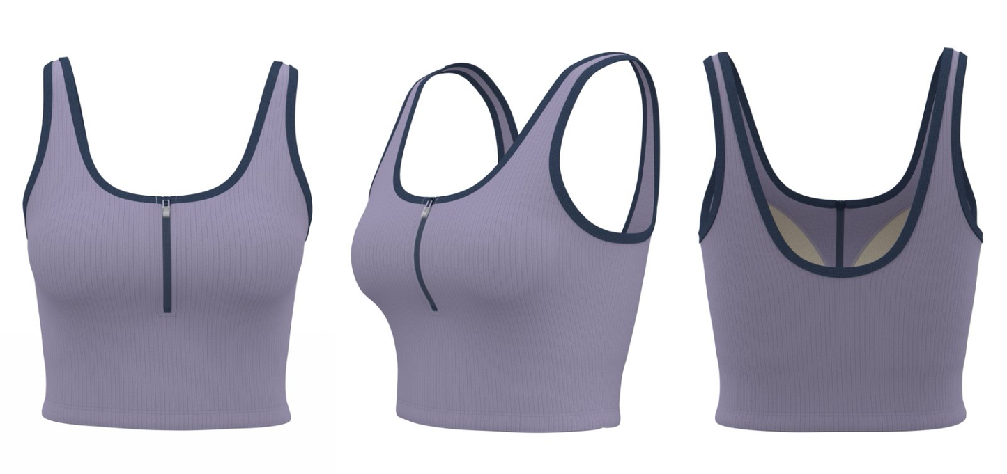 Purple ribbed athletic tank top with navy trim and front zipper, displayed from different angles