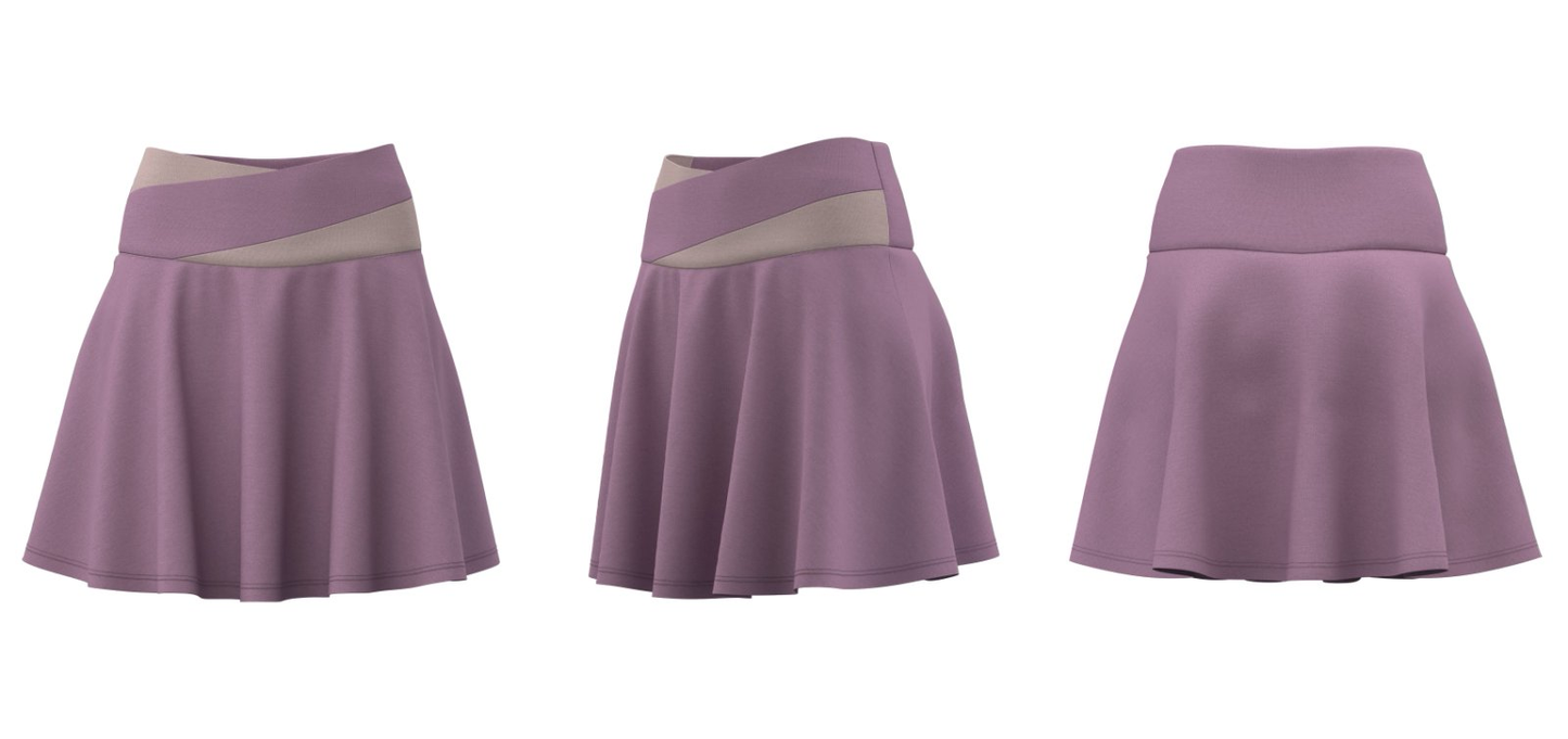 Purple sports skort (front, side, back views)