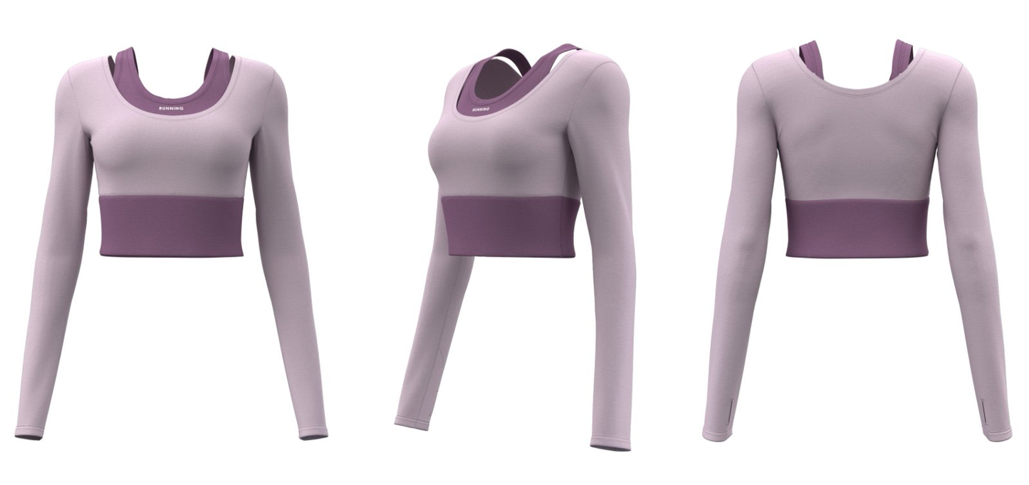 Custom women’s long sleeve crop top in purple, designed for activewear and logo printing (MOQ 100).