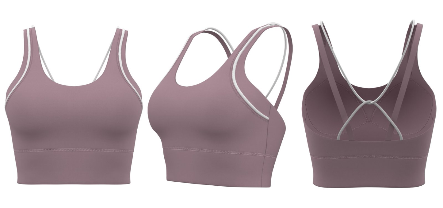 Lavender – Custom logo purple sports bra with strappy cross-back design, wholesale activewear top for yoga and gym