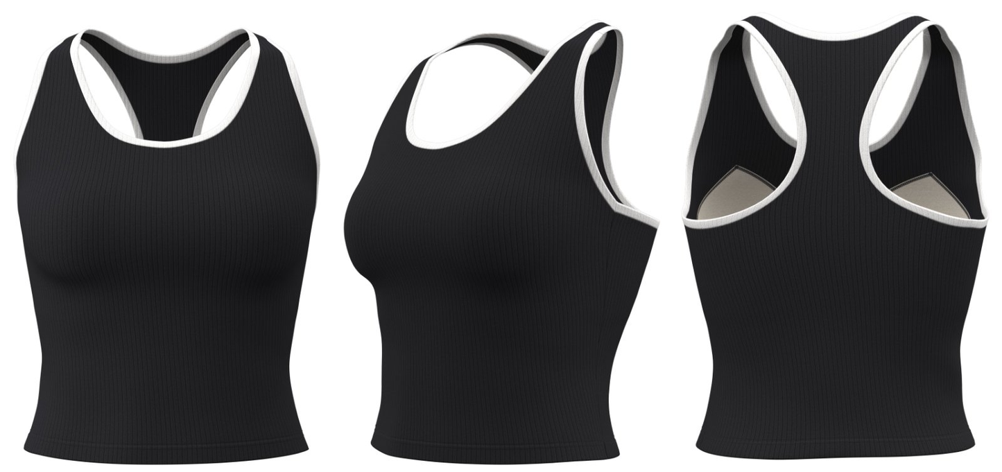 Black ribbed sports tank top with white trim – front, side, back