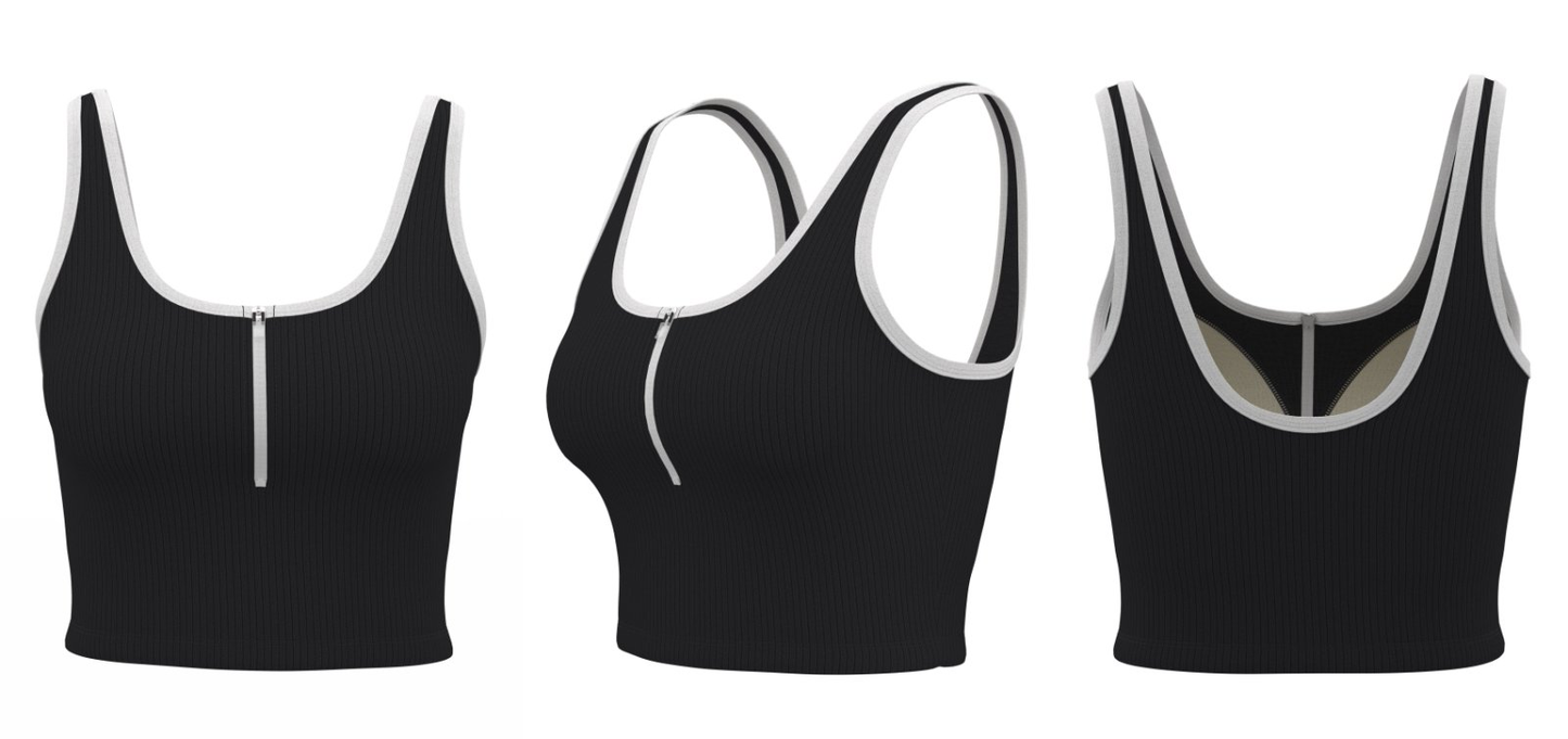 Black ribbed athletic tank top with white trim and zipper closure, displayed in front, side, and back angles