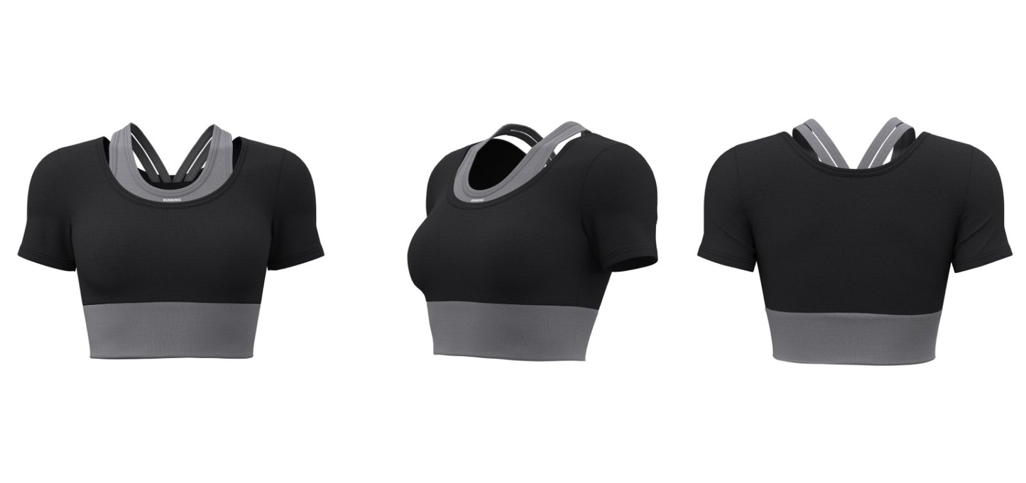 Black short-sleeve women’s sports crop top with built-in bra, custom logo option