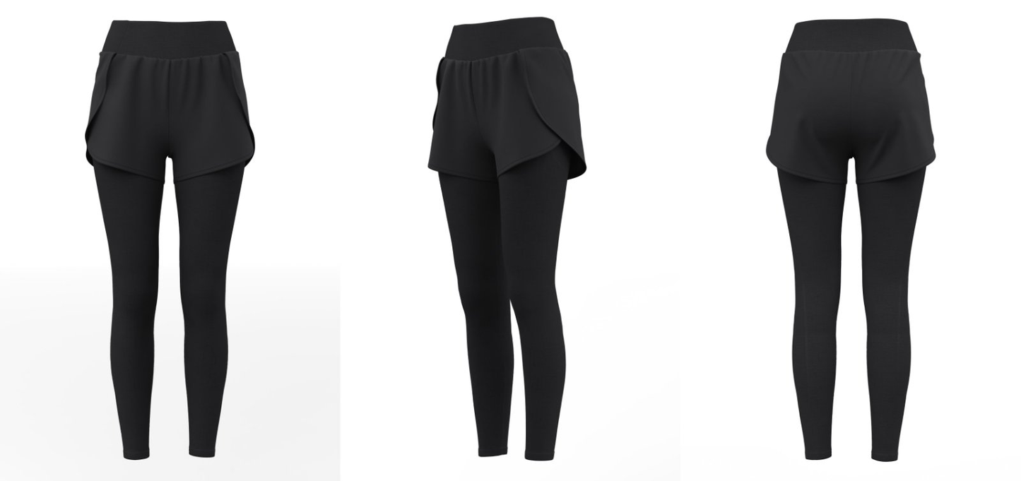 Black 2-in-1 activewear leggings with shorts, multiple angles front/side/back