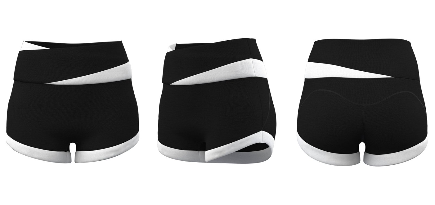 Front view of women’s black cross-waist sports shorts with white trim, customizable with team logo.