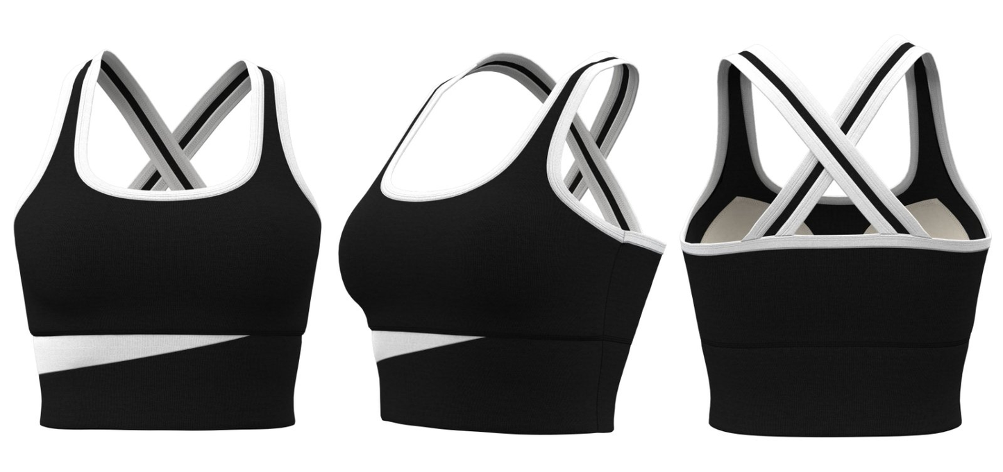 Black cross-back sports bra with white trim – bulk order activewear for clubs