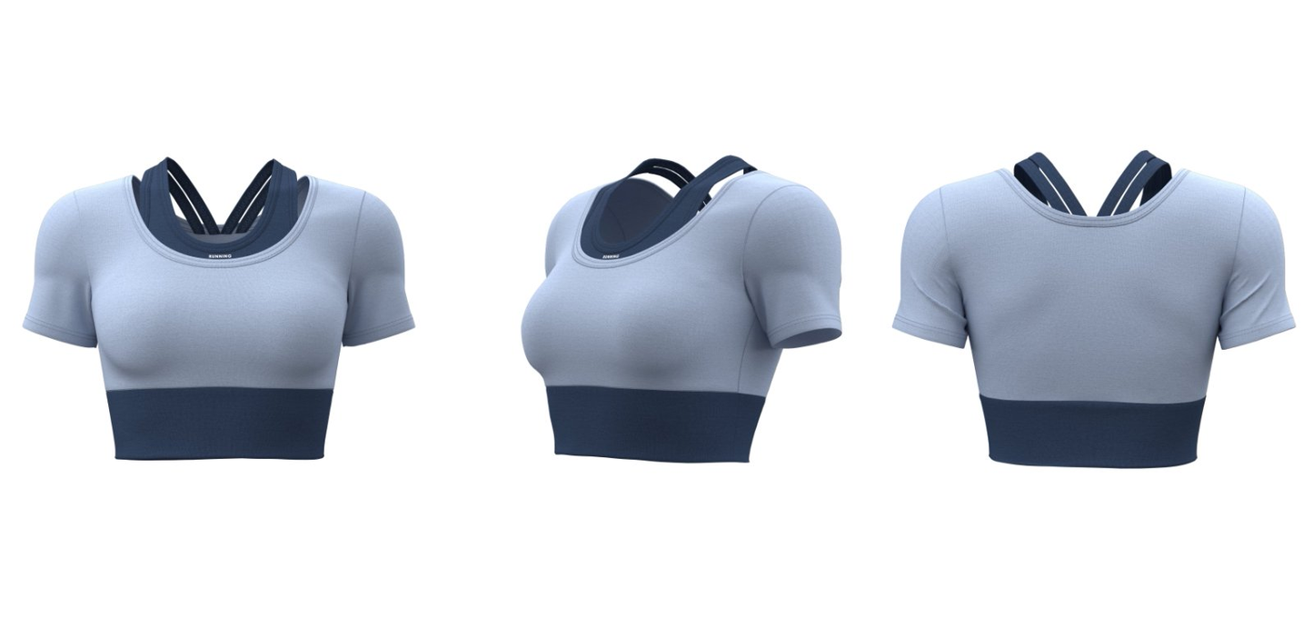 Blue short-sleeve women’s active crop top with inner bra support