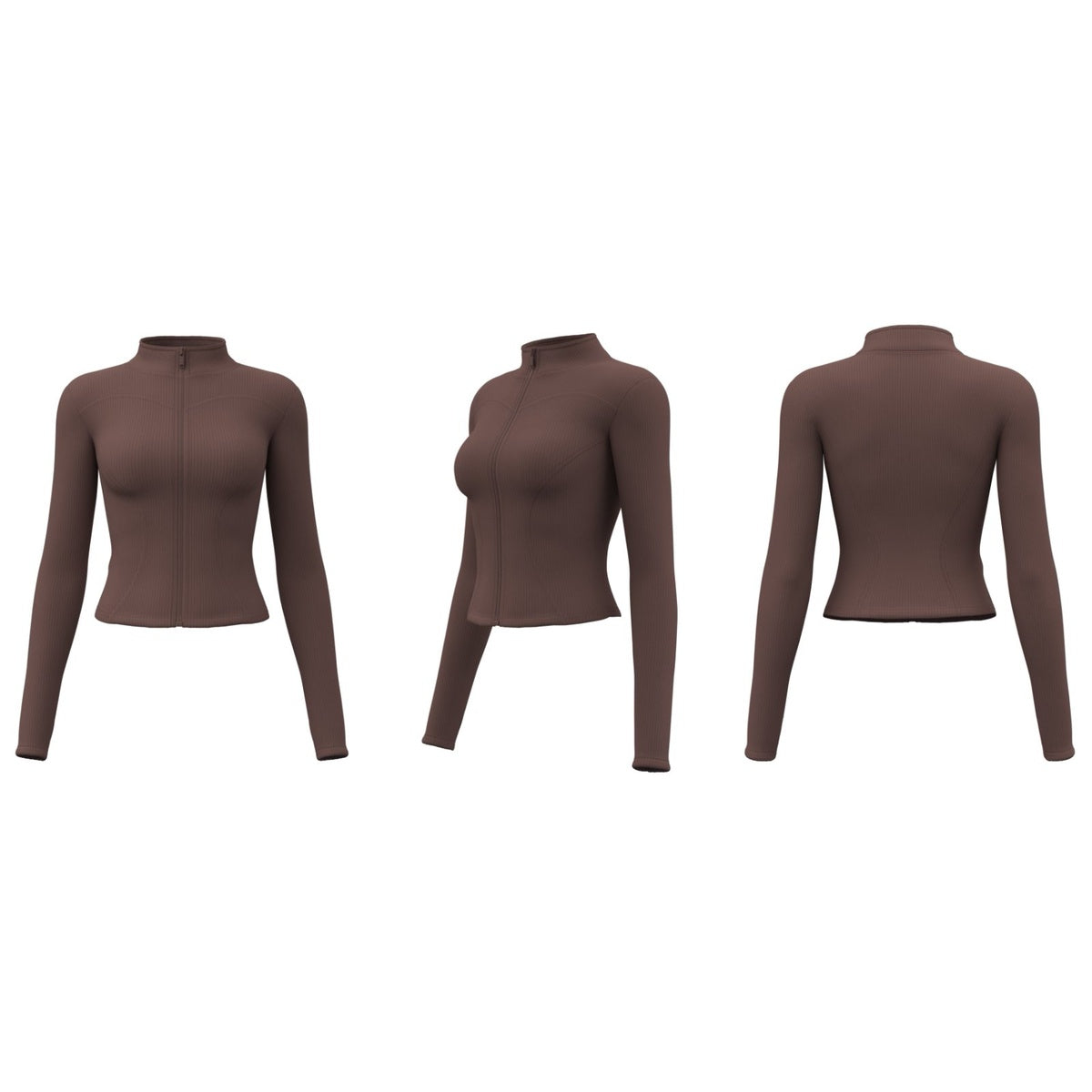 Women’s Brown Yoga Zip-Up Jacket – Long Sleeve Cropped Top – Custom Logo Printing