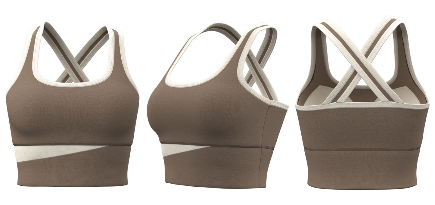 Brown women’s cross-back sports bra – customizable B2B teamwear option
