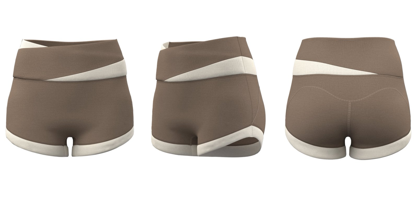 Side view of women’s brown cross-waist fitness shorts, designed for custom logo printing.