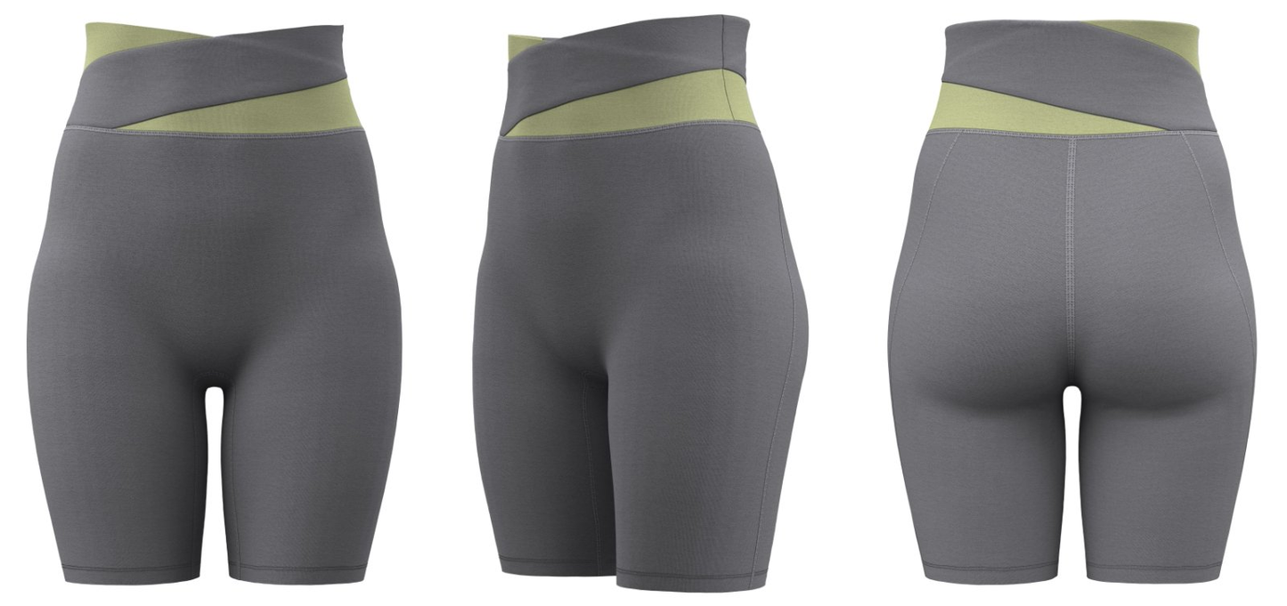 gray women’s workout shorts, crossover waist, custom branding available