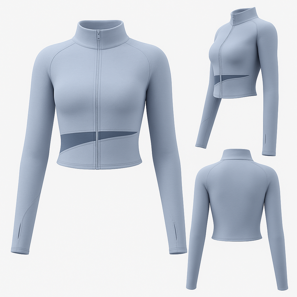 Women’s Ash Lake Blue Cropped Yoga Jacket – Slim Fit Activewear – Logo Printing