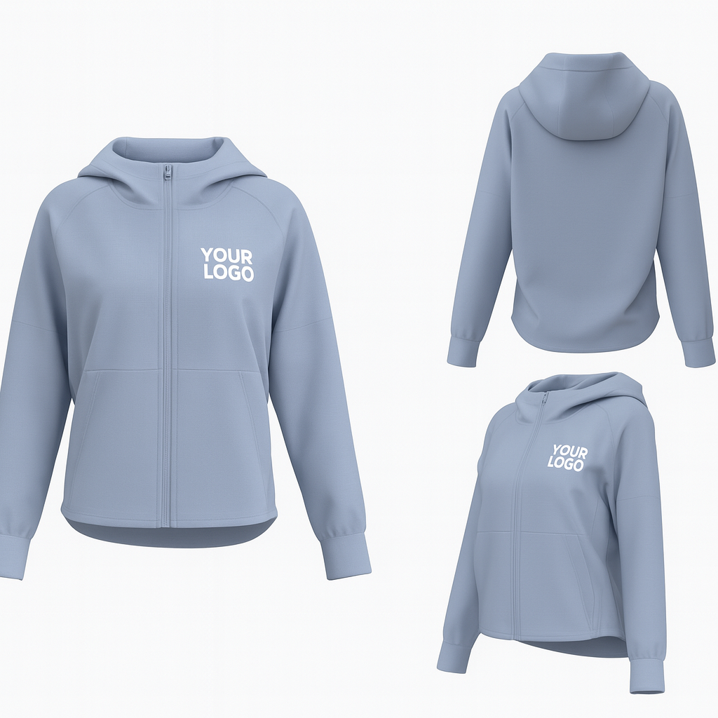 Side View: Women’s lightweight zip-up sports hoodie in Ash Lake Blue, side angle, breathable stretch fabric, customizable with logo printing