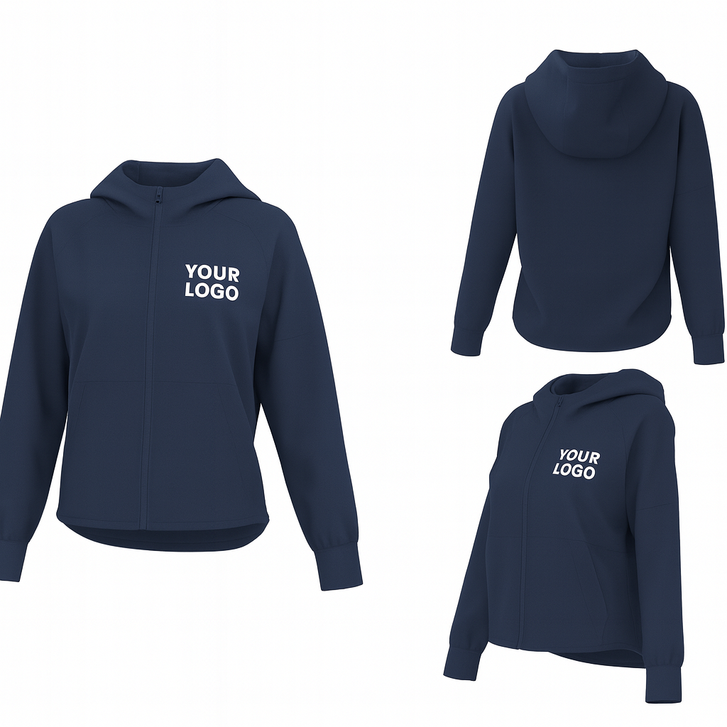 ack View: Custom logo women’s lightweight hoodie in Navy Blue, back view, casual athletic zip-up jacket for yoga, running, and training