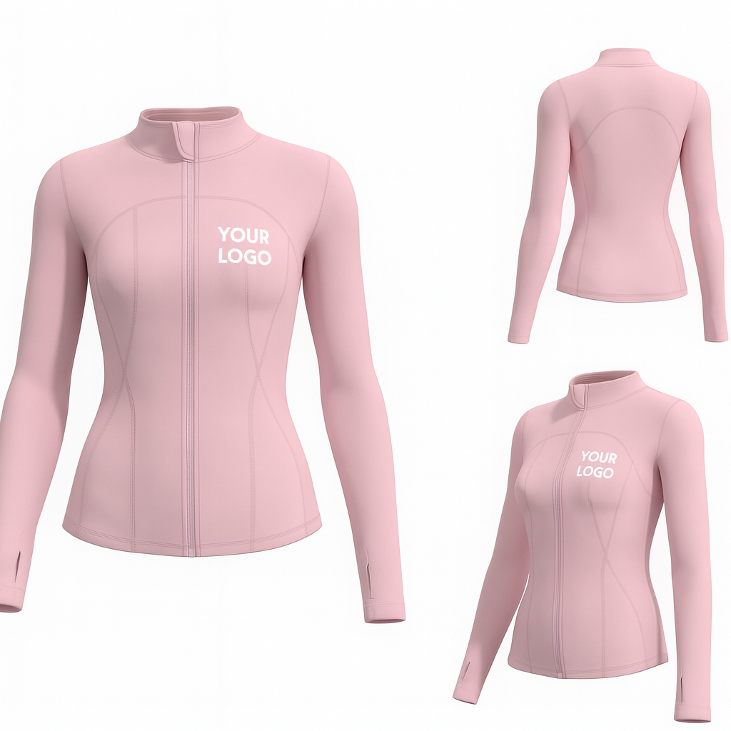 Custom women’s fitted pink zip-up jacket with logo placeholder on chest – promotional sportswear