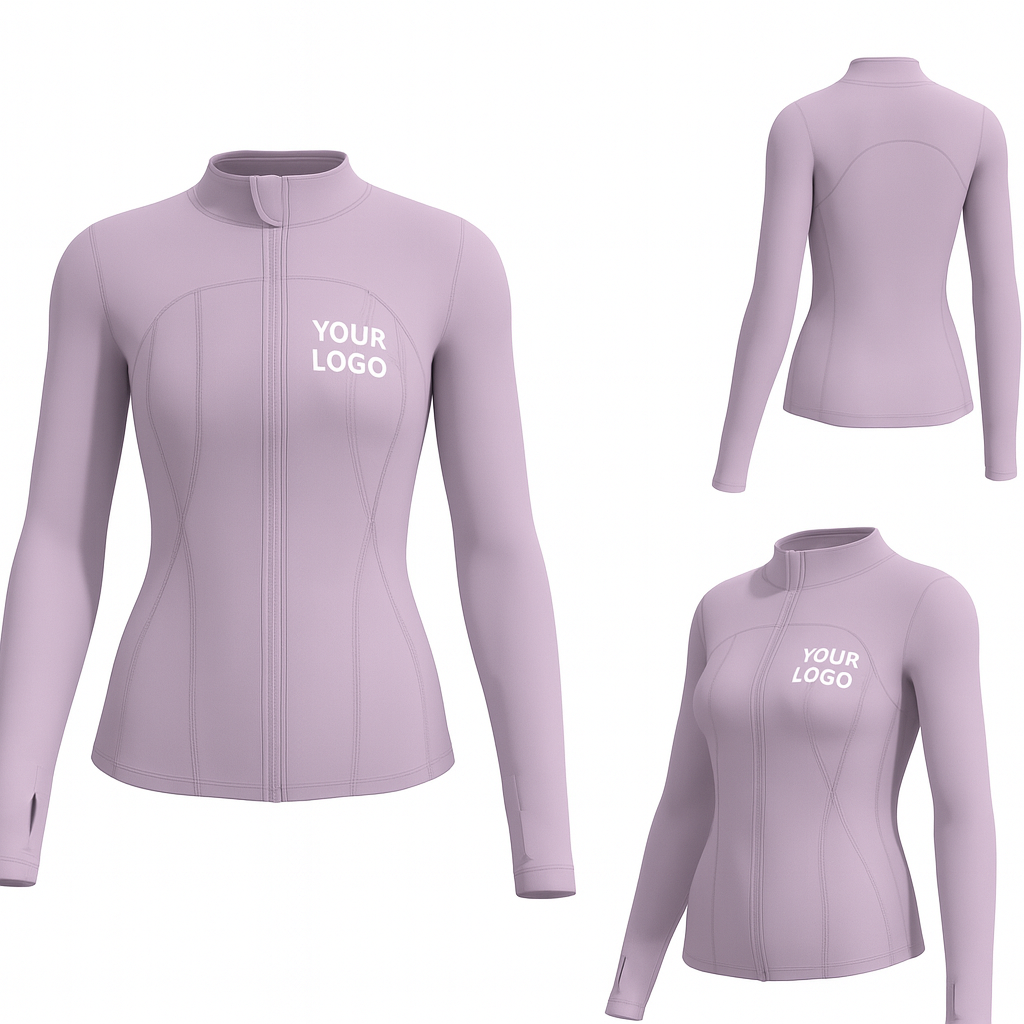 Custom women’s fitted lavender zip-up jacket with logo placeholder – corporate teamwear