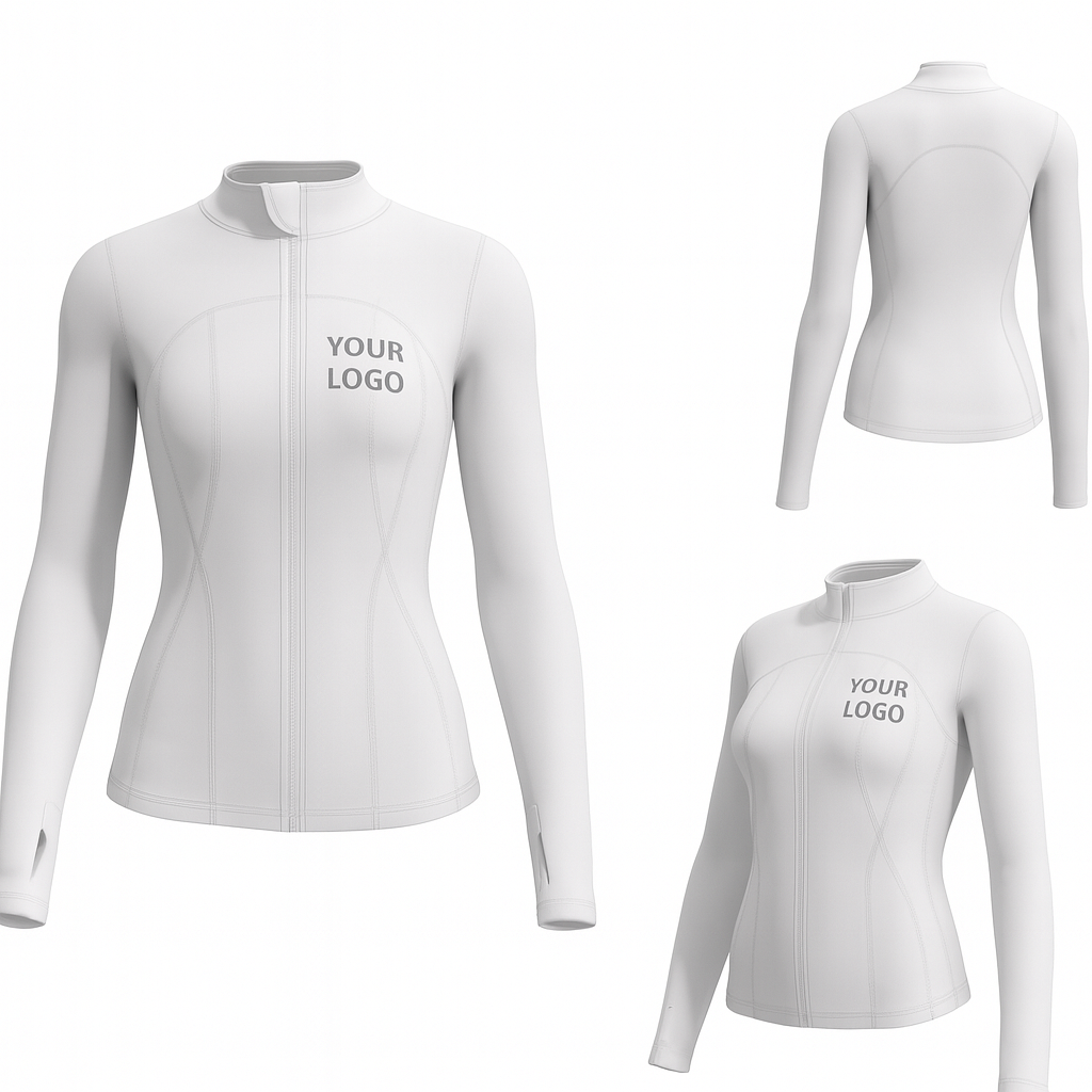 Custom women’s fitted white zip-up jacket with logo placeholder – bulk order promotional apparel