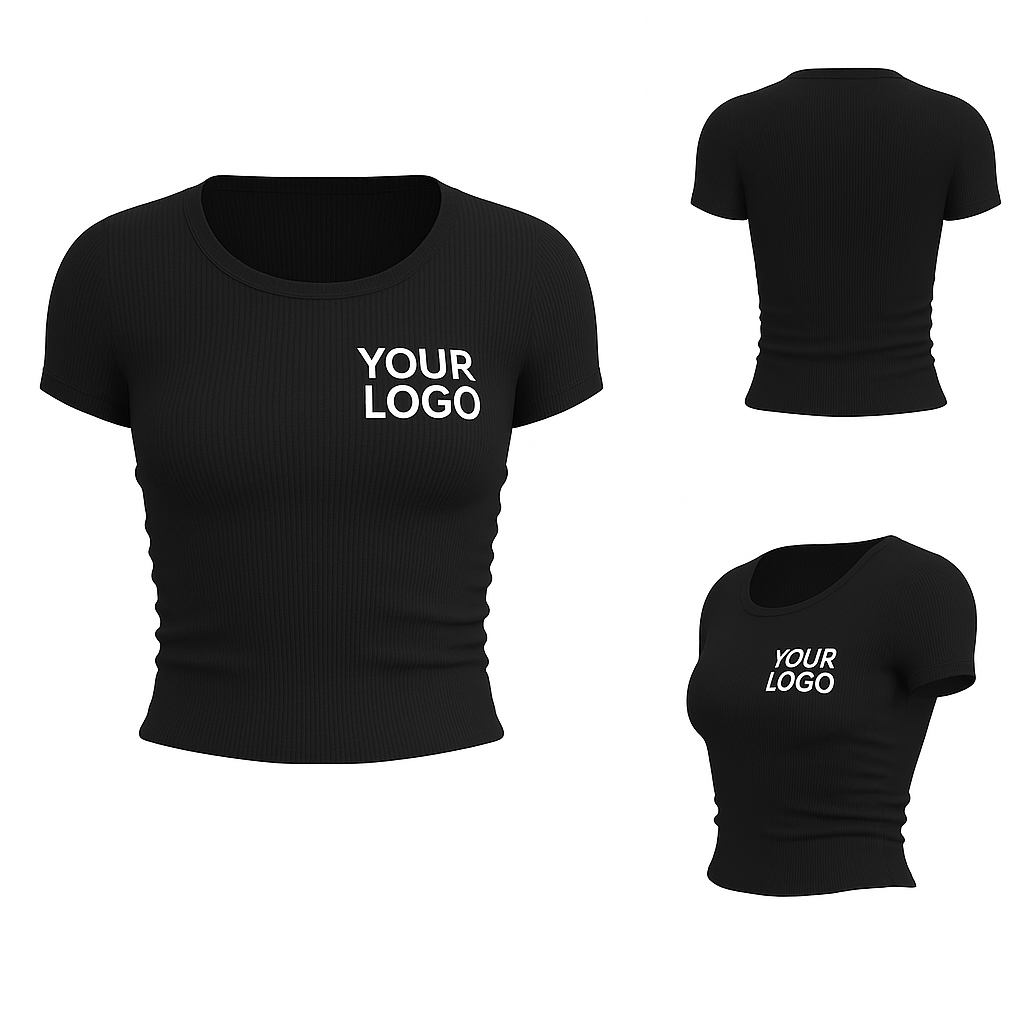 Black: Custom Black Ribbed Sport T-Shirt – Women’s Short Sleeve Slim Fit with Logo Printing