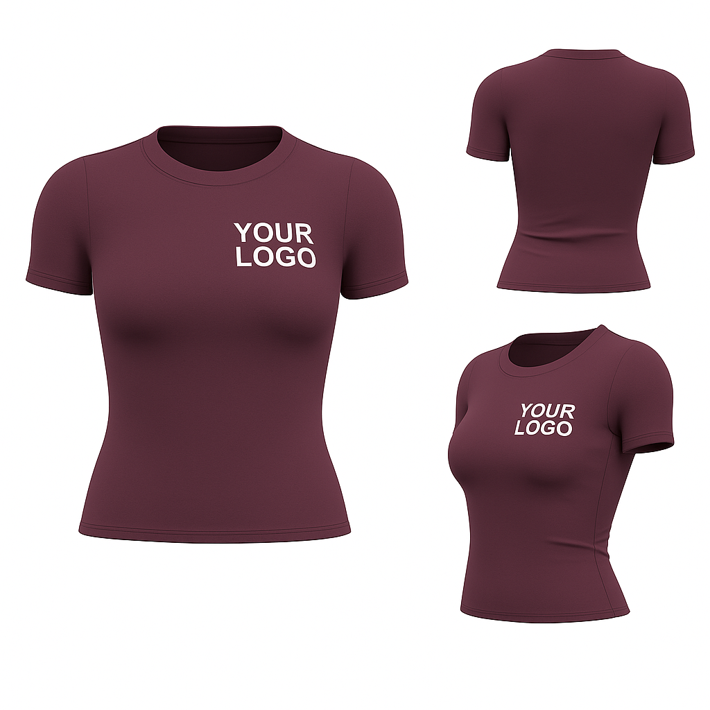 Custom Yoga Short Sleeve T-Shirt – Burgundy – Women’s Fitted, Logo Printing