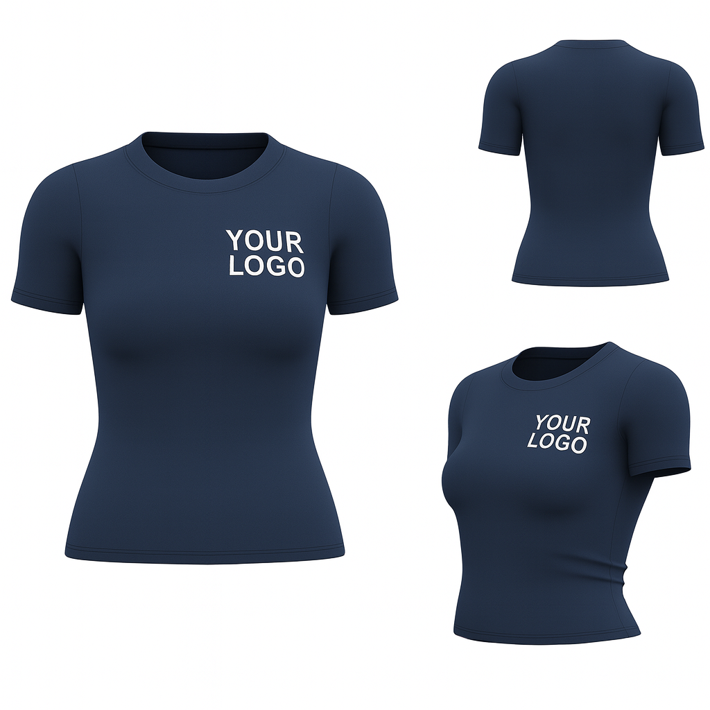 Custom Yoga Short Sleeve T-Shirt – Navy Blue – Women’s Fitted, Logo Printing