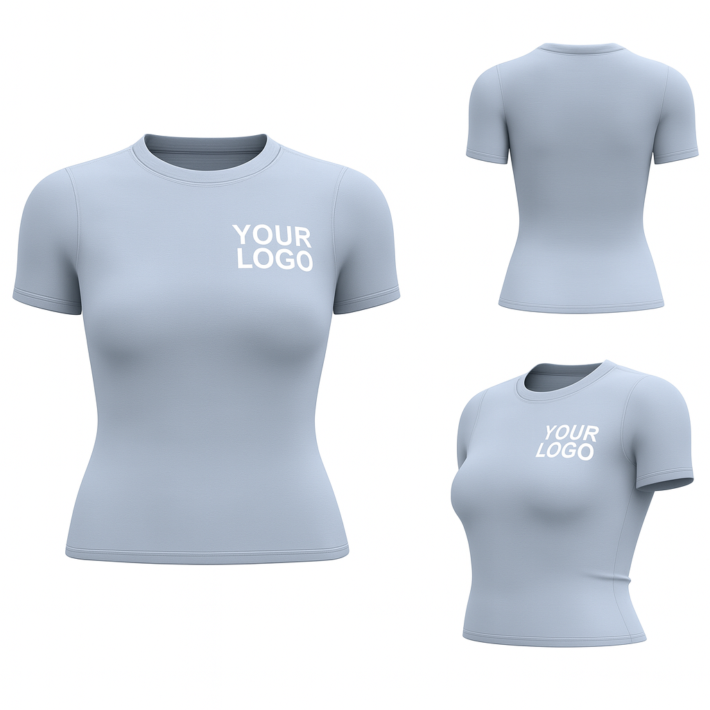 Custom Yoga Short Sleeve T-Shirt – Light Blue – Women’s Fitted, Logo Printing