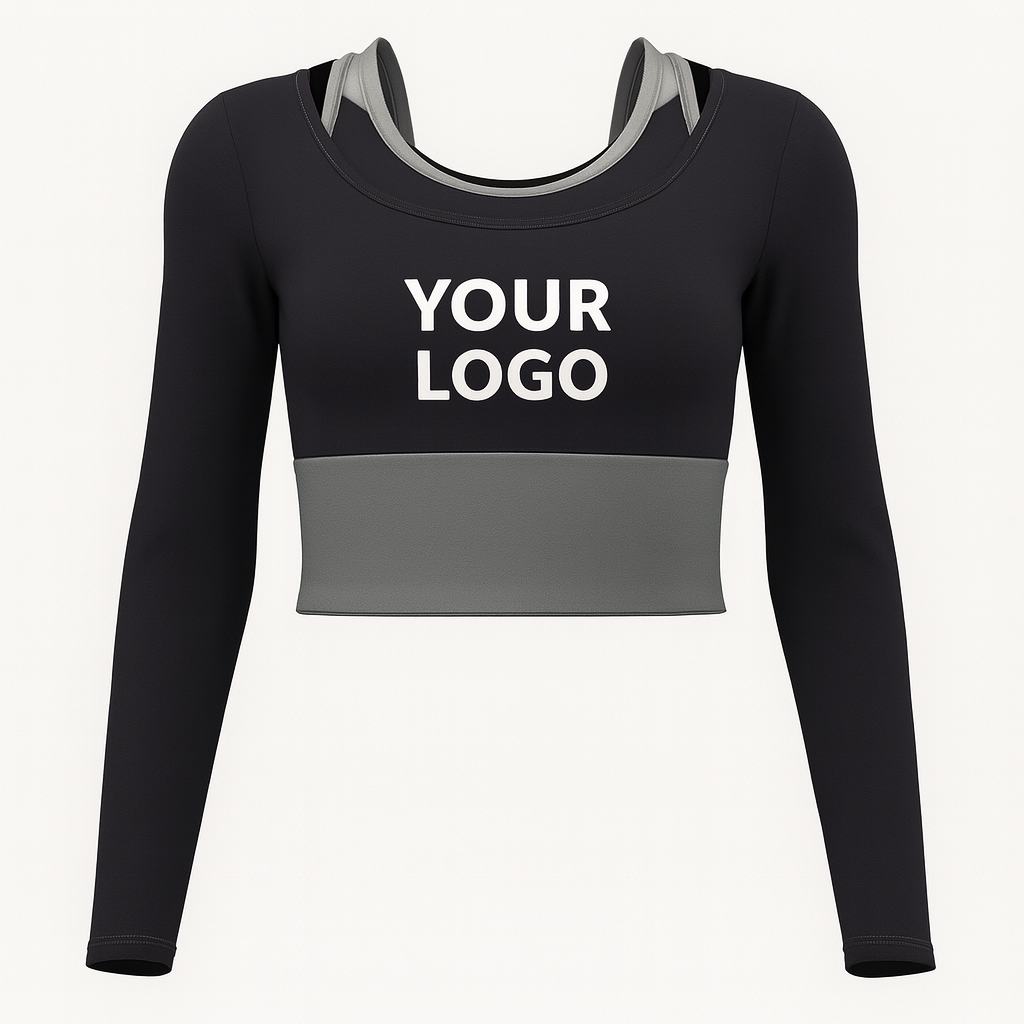 Women’s long sleeve yoga crop top in black with custom logo placeholder, perfect for fitness, yoga, and promotional teamwear.
