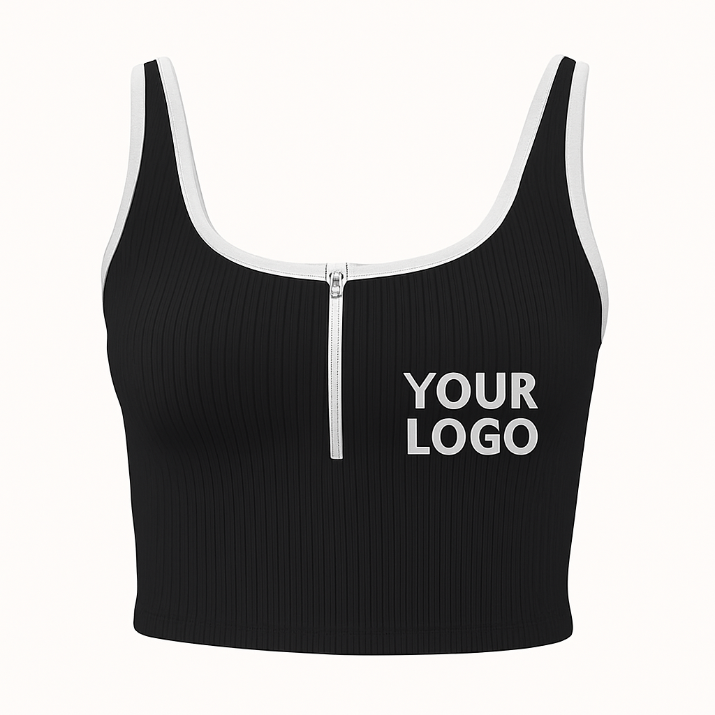 Black ribbed athletic tank top with front zipper and white trim, customizable logo on chest