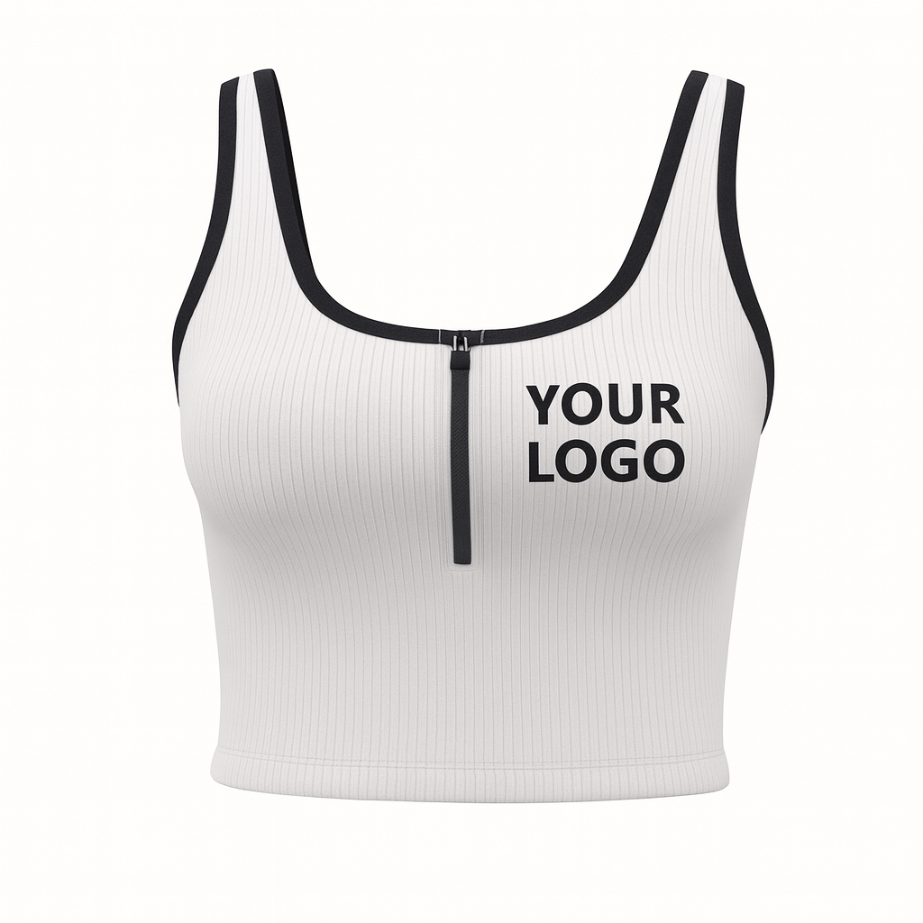 White ribbed athletic tank top with front zipper and black trim, customizable logo on chest