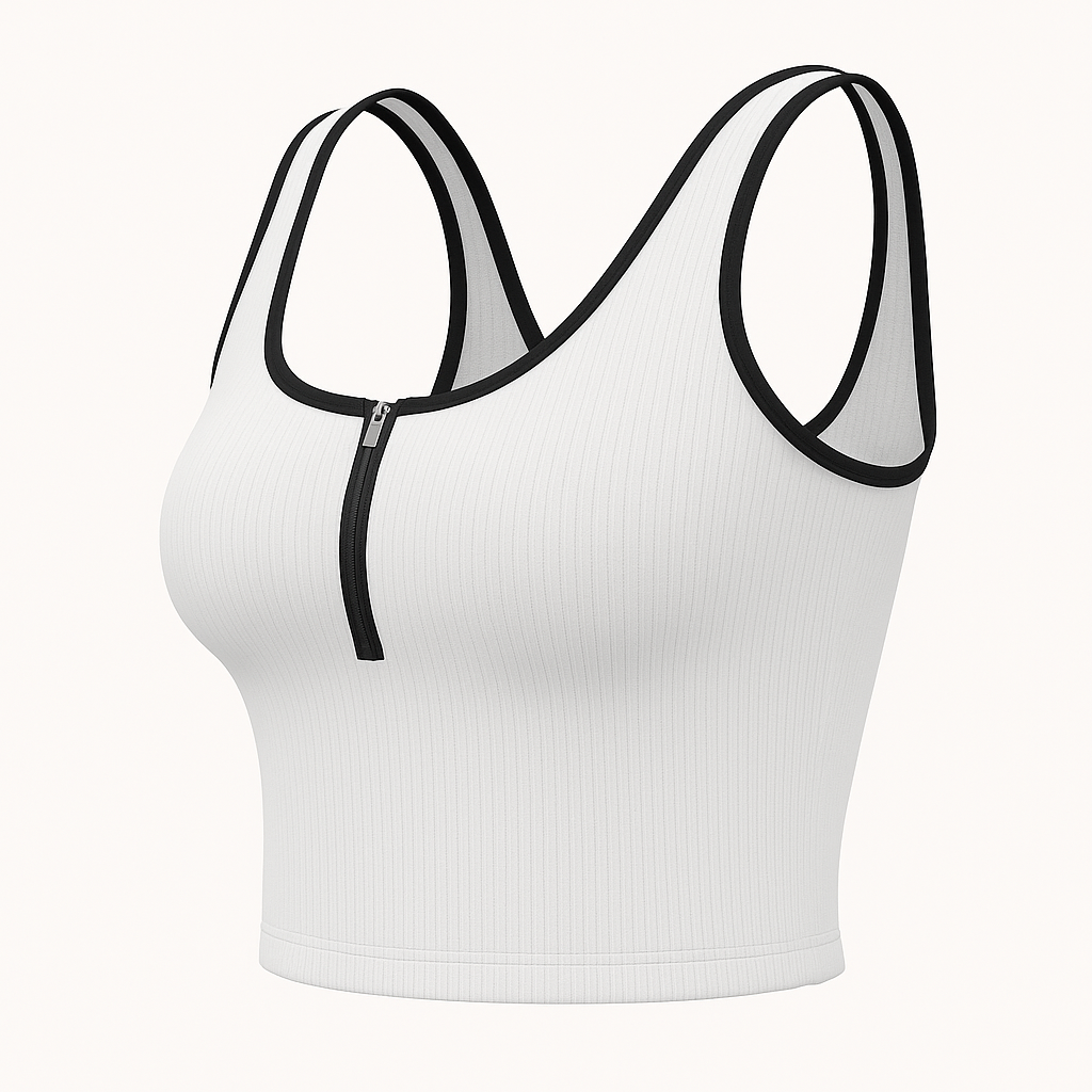 Side view of white ribbed athletic tank top with black trim and front zipper.