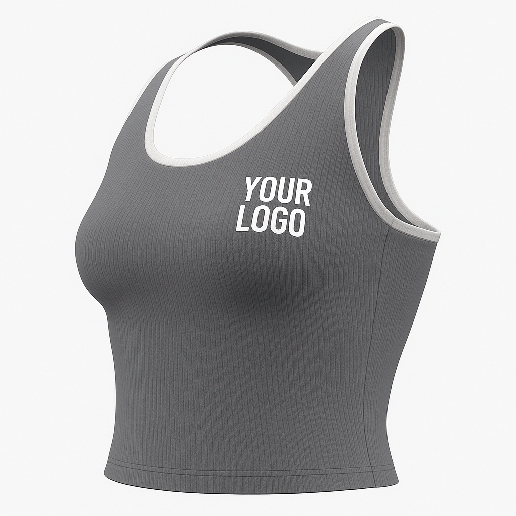 Gray ribbed tank top with right chest “Your Logo” placeholder