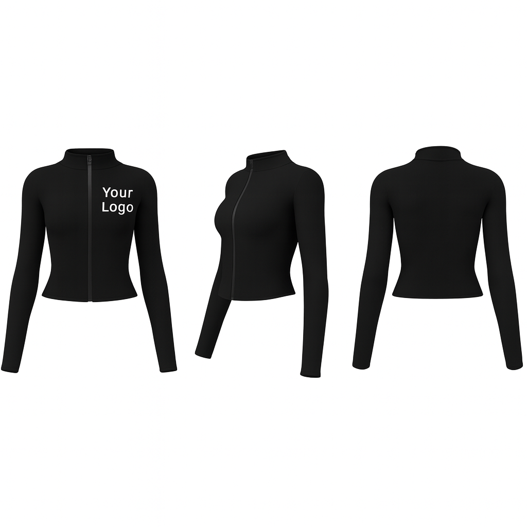 Women’s Black Yoga Zip-Up Jacket – Long Sleeve Cropped Top – Custom Logo Printing