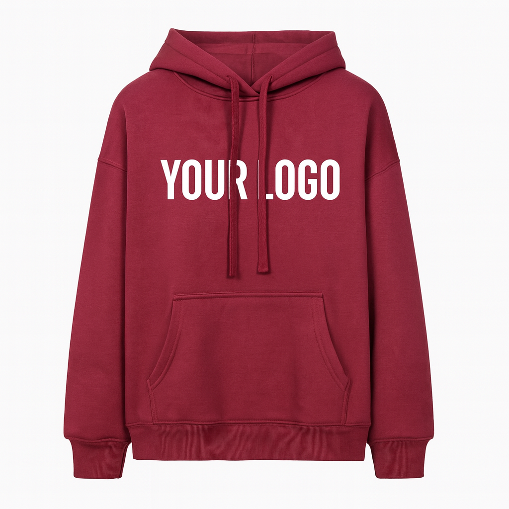 Custom red pullover hoodie with company logo – bulk order MOQ 100 for corporate teams