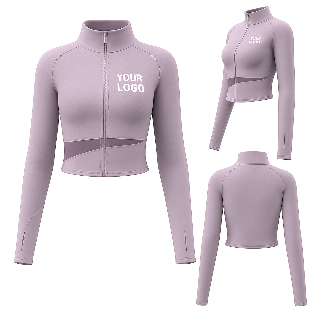 Custom women’s cropped training jacket in lavender – long sleeve zip-up activewear with logo placeholder on chest, designed for yoga, running, and gym workouts. MOQ 100 for bulk logo printing.