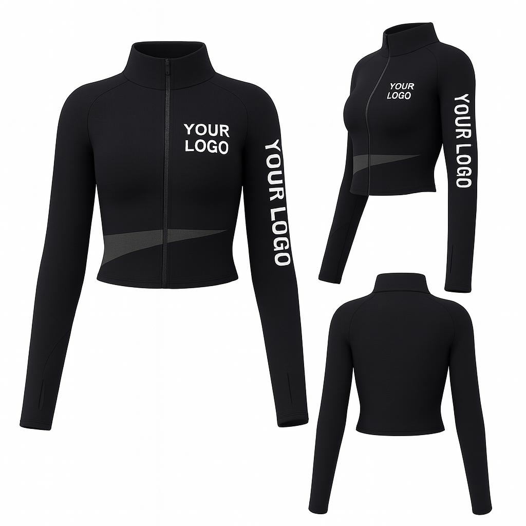 Women’s Black Cropped Training Jacket – Long Sleeve Zip-Up – Custom Logo