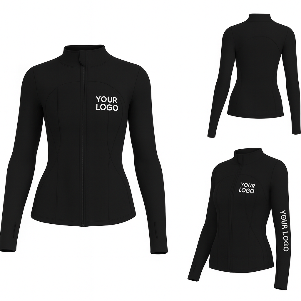 Custom women’s fitted black zip-up jacket with logo placeholder on chest – long sleeve sportswear