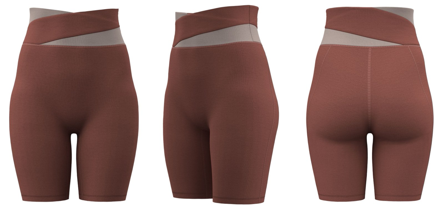 Clay-colored women’s yoga shorts, moisture-wicking, high-waist style, ideal for fitness apparel customization