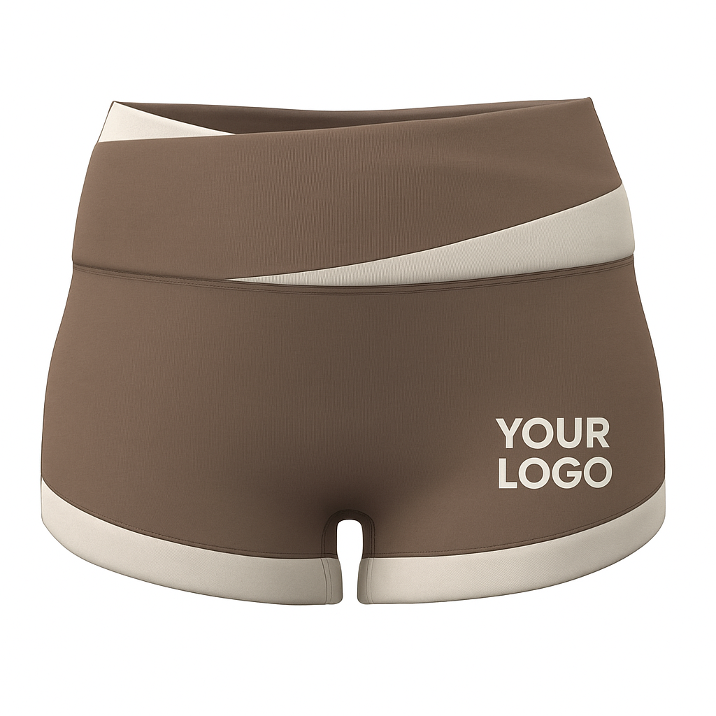 women’s brown cross-waist sports shorts with white trim, customizable with logo printing