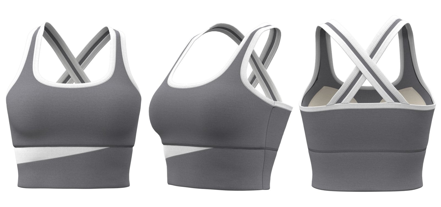 Gray women’s cross-back sports bra with white trim – custom logo printing for teams