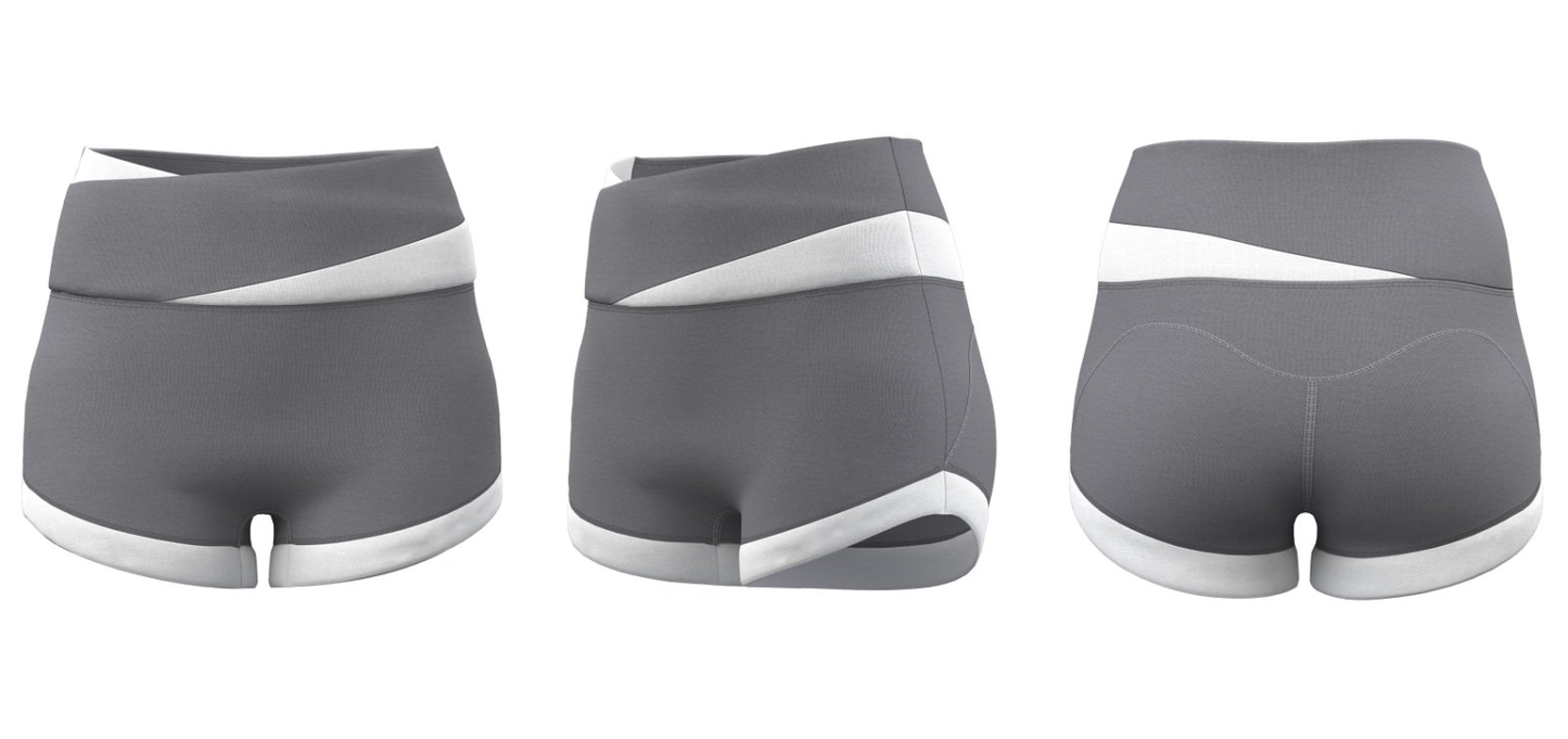 Back view of gray cross-waist women’s sports shorts, ideal for yoga, gym, and bulk team orders.