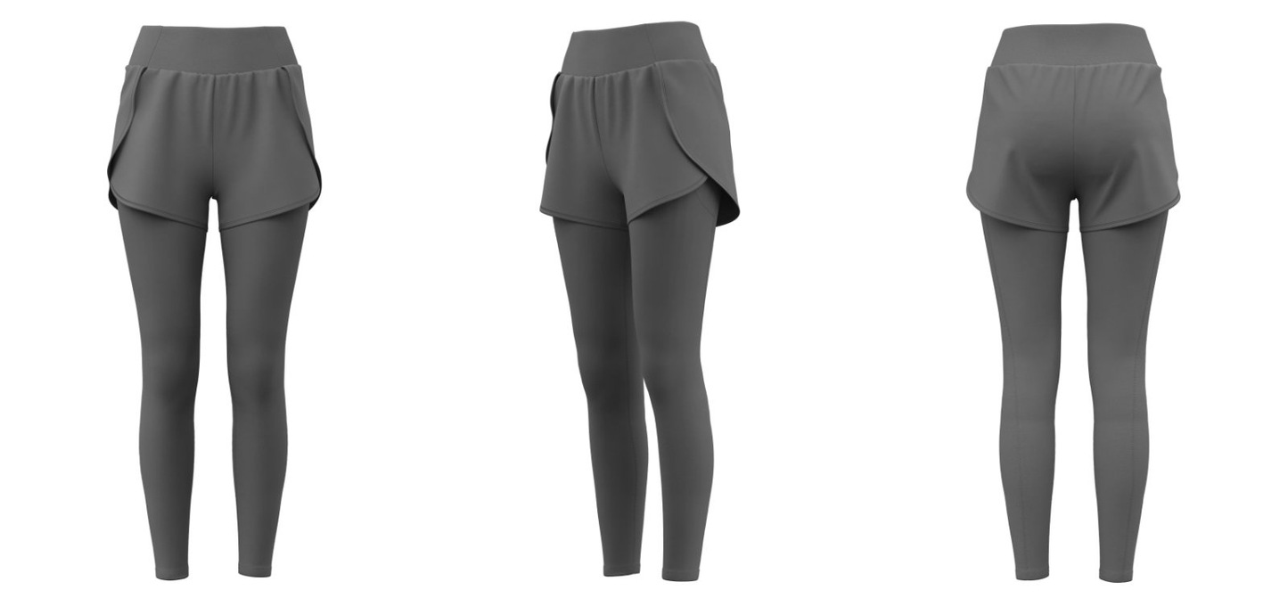 Grey 2-in-1 leggings with shorts, three-angle product display